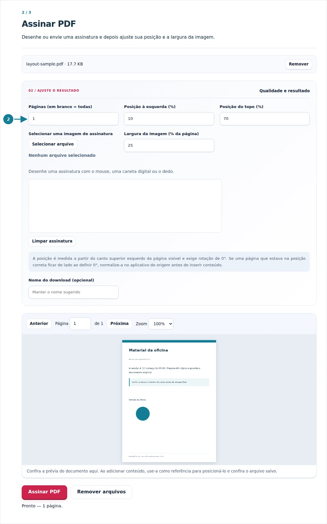 Assinar PDF, etapa 2: Desenhe ou envie uma assinatura e depois ajuste sua posição e a largura da imagem.