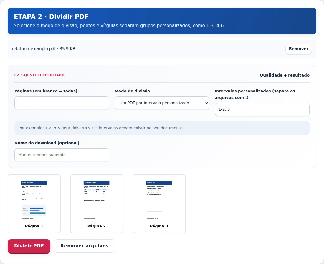 Dividir PDF, etapa 2: Selecione o modo de divisão; pontos e vírgulas separam grupos personalizados, como 1-3; 4-6.