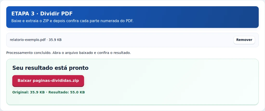 Dividir PDF, etapa 3: Baixe e extraia o ZIP e depois confira cada parte numerada do PDF.