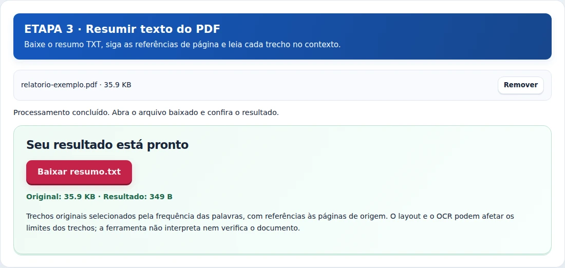 Resumir texto do PDF, etapa 3: Baixe o resumo TXT, siga as referências de página e leia cada trecho no contexto.