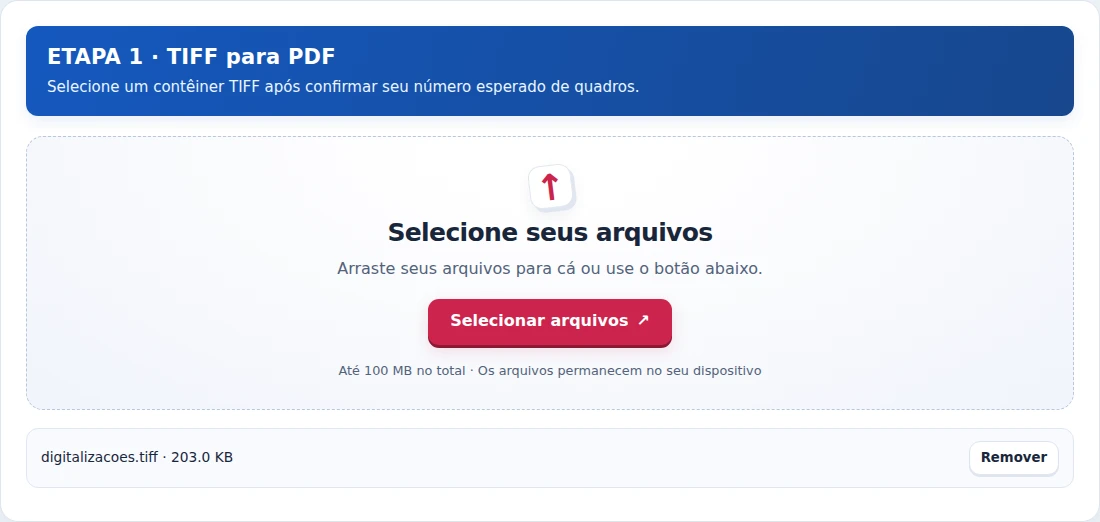 TIFF para PDF, etapa 1: Selecione um contêiner TIFF após confirmar seu número esperado de quadros.