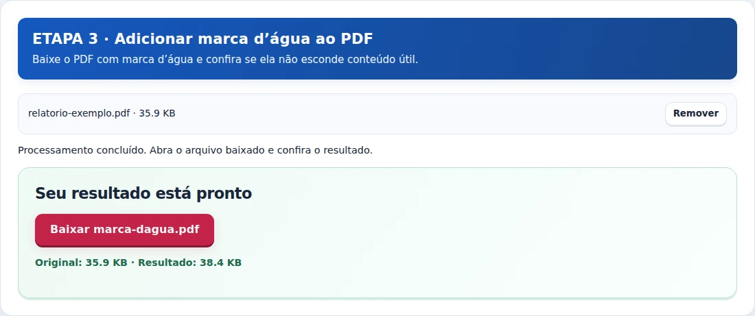 Adicionar marca d’água ao PDF, etapa 3: Baixe o PDF com marca d’água e confira se ela não esconde conteúdo útil.