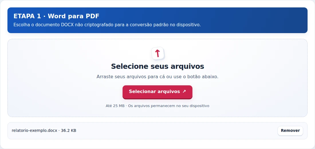 Word para PDF, etapa 1: Escolha o documento DOCX não criptografado para a conversão padrão no dispositivo.