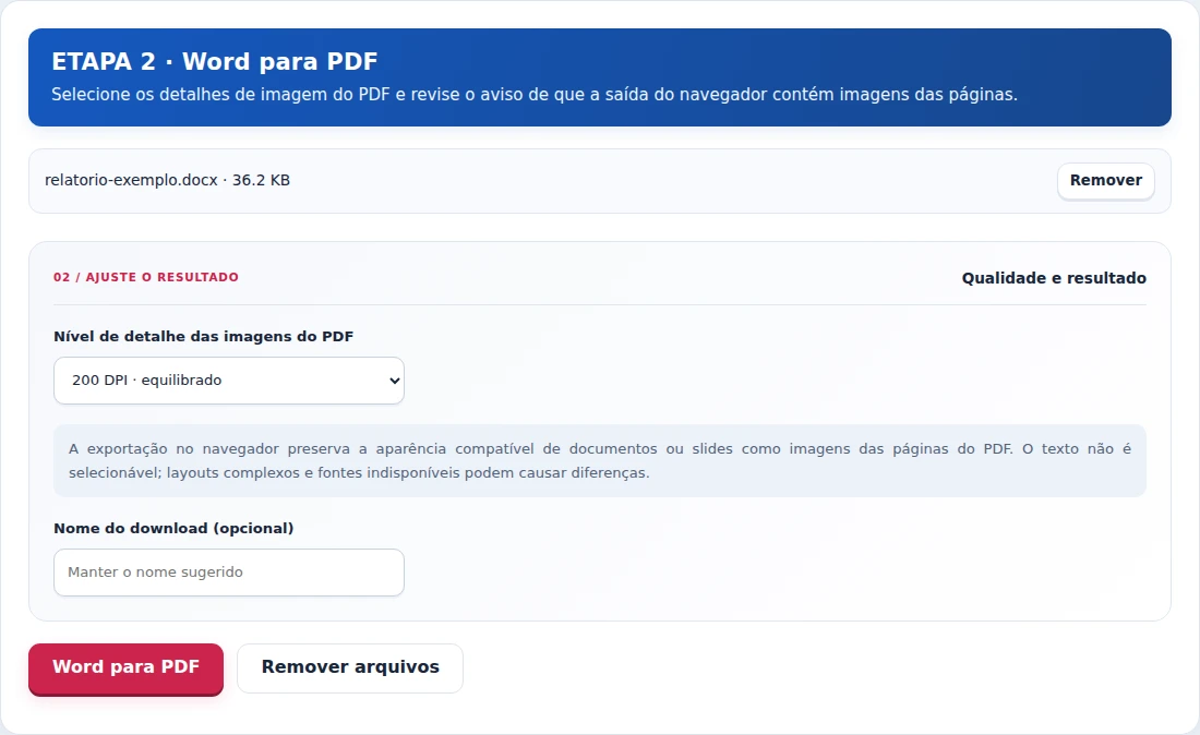 Word para PDF, etapa 2: Selecione os detalhes de imagem do PDF e revise o aviso de que a saída do navegador contém imagens das páginas.