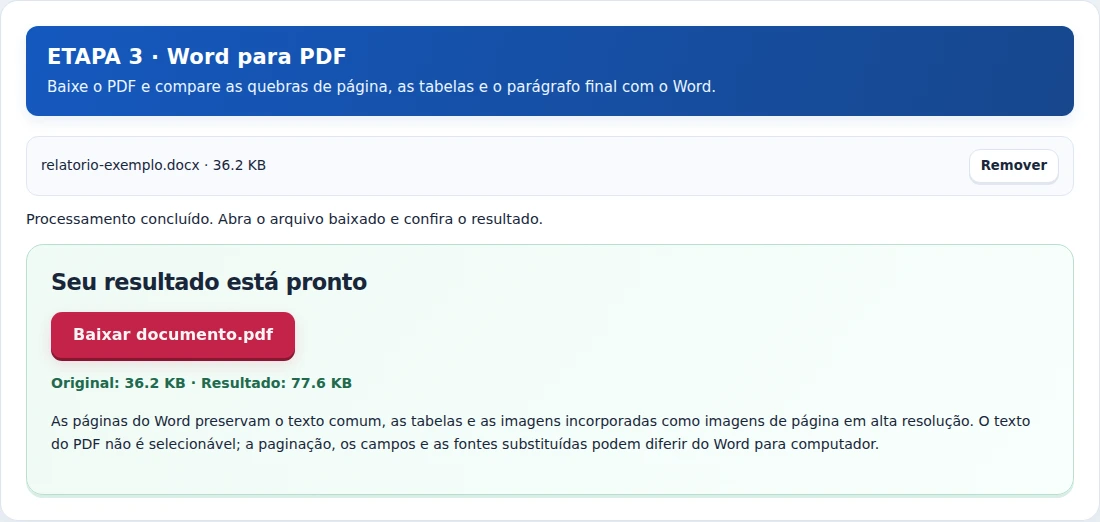 Word para PDF, etapa 3: Baixe o PDF e compare as quebras de página, as tabelas e o parágrafo final com o Word.