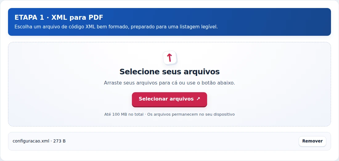 XML para PDF, etapa 1: Escolha um arquivo de código XML bem formado, preparado para uma listagem legível.