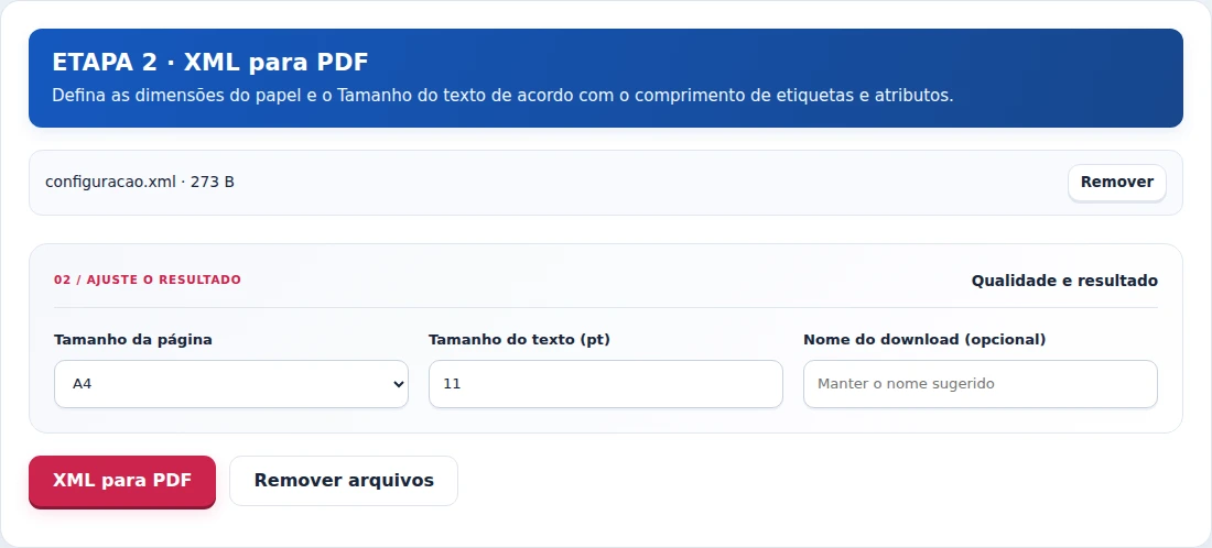 XML para PDF, etapa 2: Defina as dimensões do papel e o Tamanho do texto de acordo com o comprimento de etiquetas e atributos.