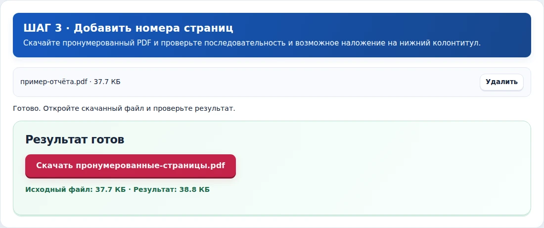 Добавить номера страниц, шаг 3: Скачайте пронумерованный PDF и проверьте последовательность и возможное наложение на нижний колонтитул.