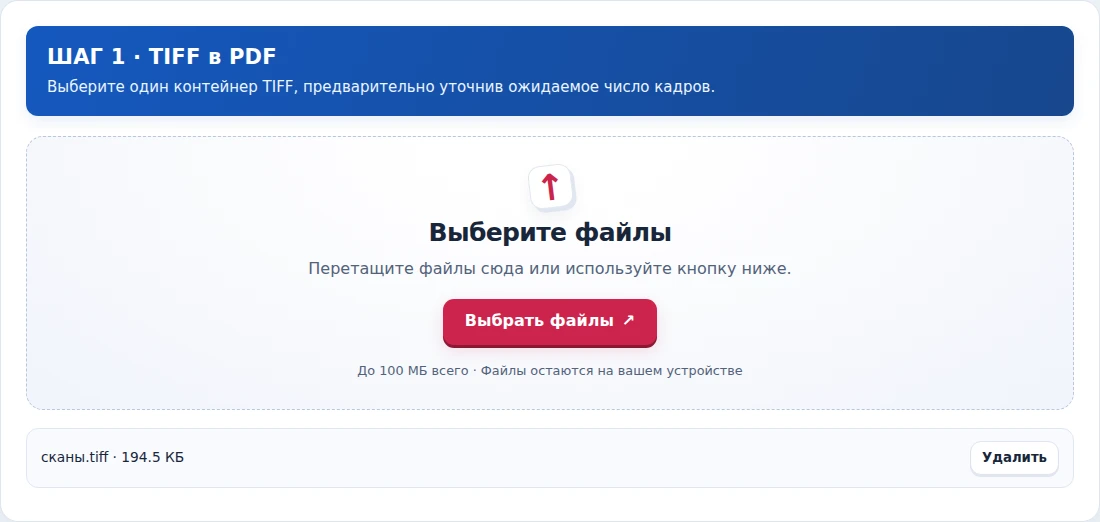 TIFF в PDF, шаг 1: Выберите один контейнер TIFF, предварительно уточнив ожидаемое число кадров.