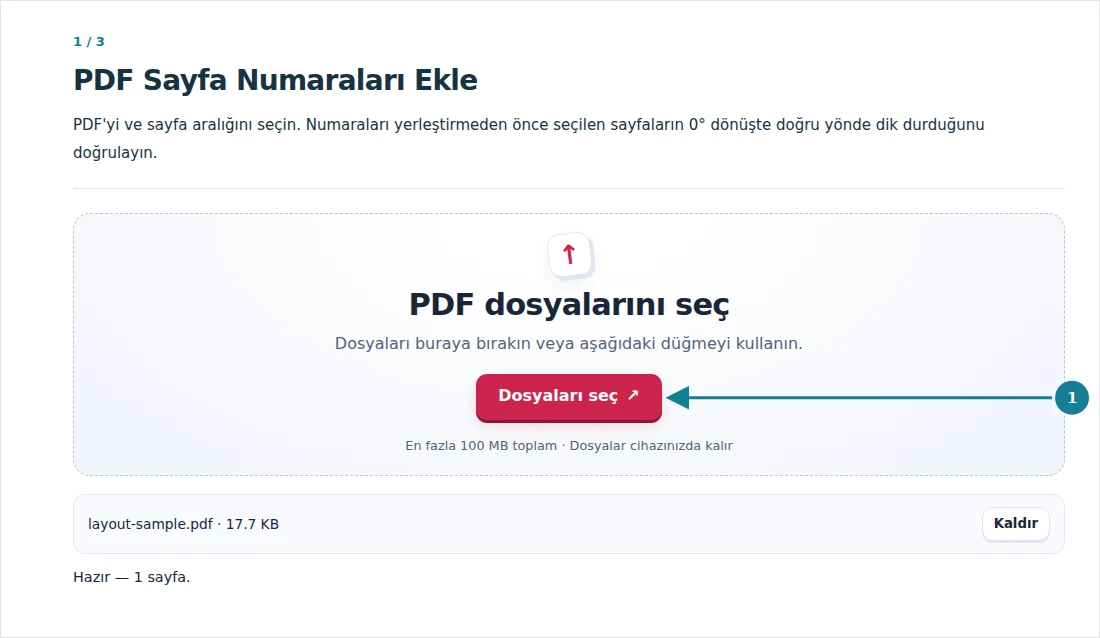 PDF Sayfa Numaraları Ekle, adım 1: PDF'yi ve sayfa aralığını seçin. Numaraları yerleştirmeden önce seçilen sayfaların 0° dönüşte doğru yönde dik durduğunu doğrulayın.