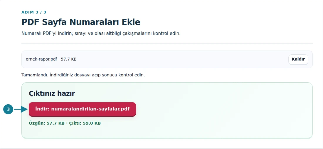 PDF Sayfa Numaraları Ekle, adım 3: Numaralı PDF'yi indirin; sırayı ve olası altbilgi çakışmalarını kontrol edin.