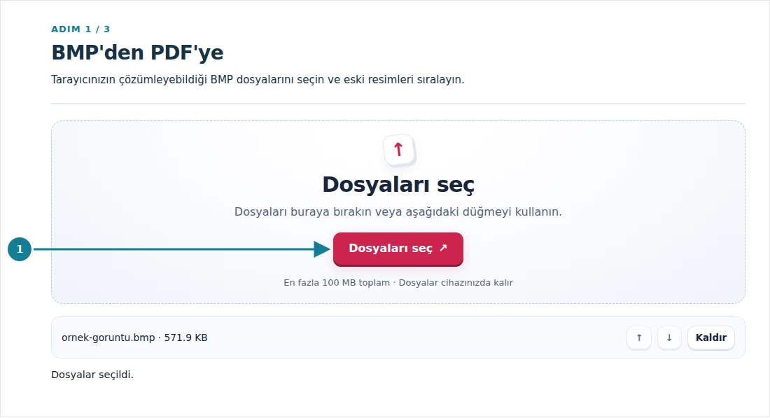 BMP'den PDF'ye, adım 1: Tarayıcınızın çözümleyebildiği BMP dosyalarını seçin ve eski resimleri sıralayın.