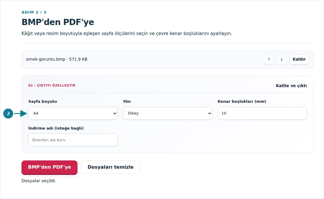 BMP'den PDF'ye, adım 2: Kâğıt veya resim boyutuyla eşleşen sayfa ölçülerini seçin ve çevre kenar boşluklarını ayarlayın.