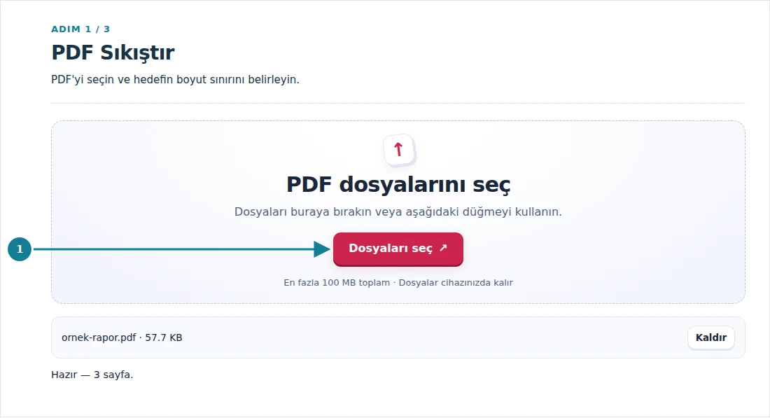 PDF Sıkıştır, adım 1: PDF'yi seçin ve hedefin boyut sınırını belirleyin.