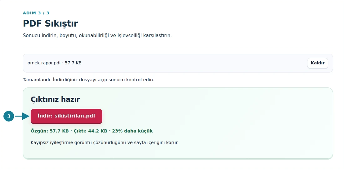 PDF Sıkıştır, adım 3: Sonucu indirin; boyutu, okunabilirliği ve işlevselliği karşılaştırın.
