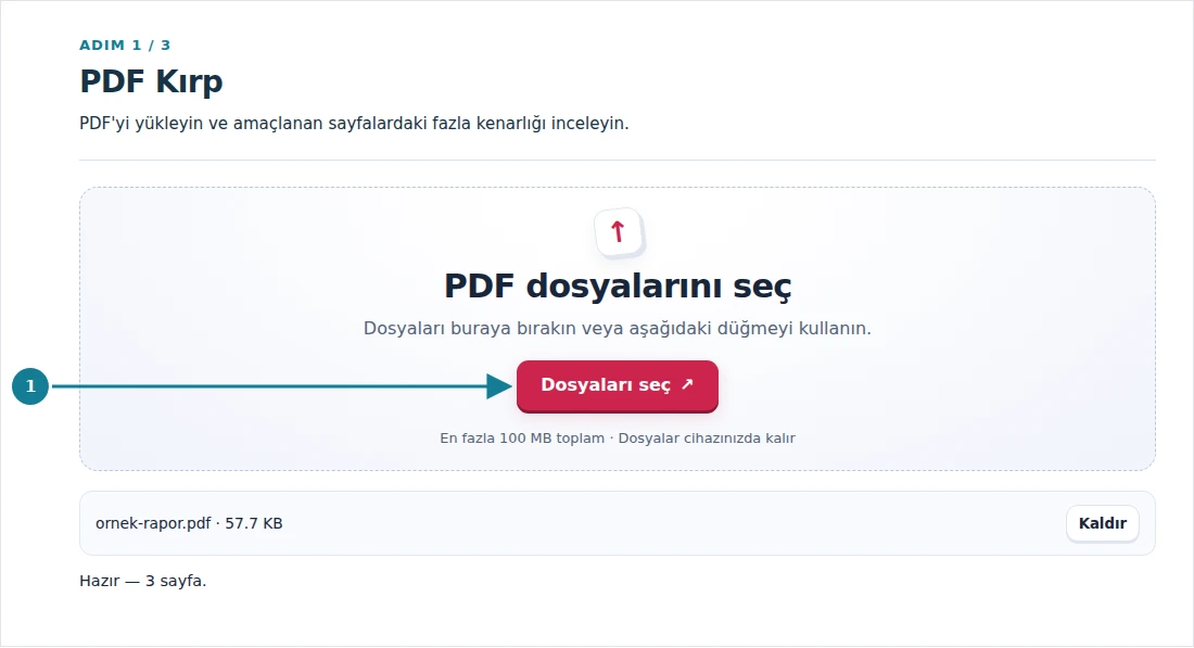 PDF Kırp, adım 1: PDF'yi yükleyin ve amaçlanan sayfalardaki fazla kenarlığı inceleyin.