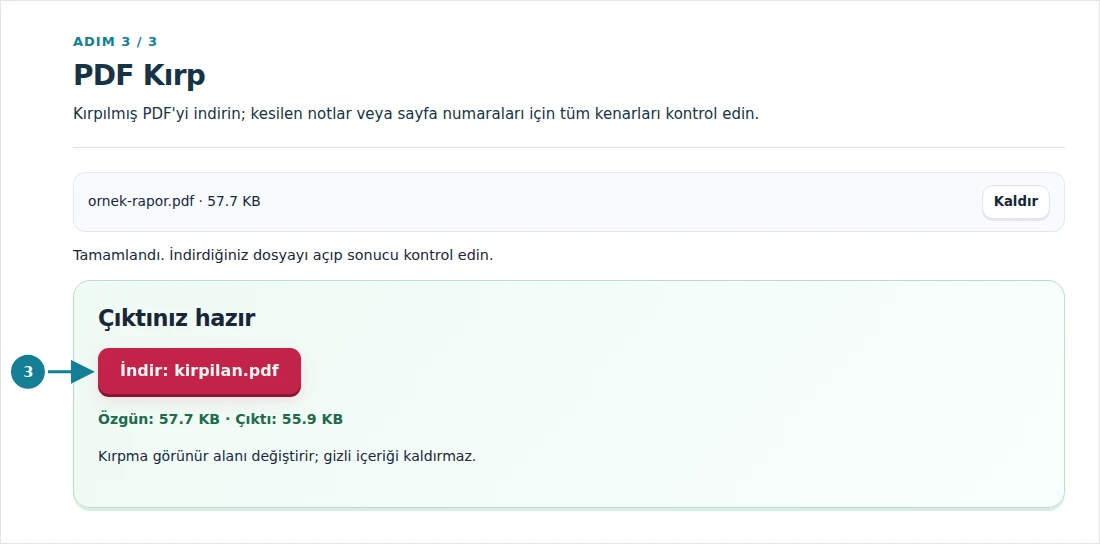 PDF Kırp, adım 3: Kırpılmış PDF'yi indirin; kesilen notlar veya sayfa numaraları için tüm kenarları kontrol edin.