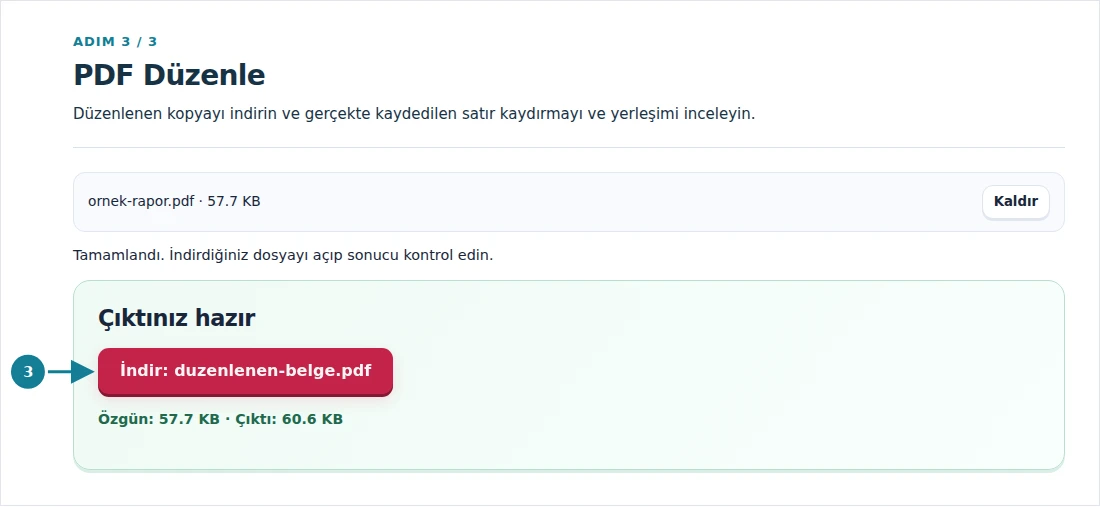 PDF Düzenle, adım 3: Düzenlenen kopyayı indirin ve gerçekte kaydedilen satır kaydırmayı ve yerleşimi inceleyin.