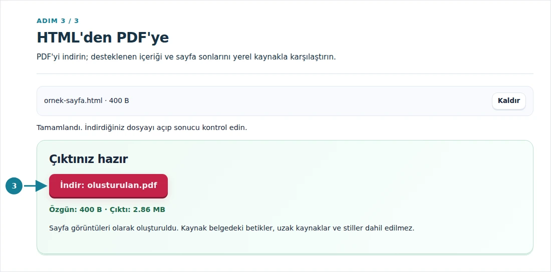 HTML'den PDF'ye, adım 3: PDF'yi indirin; desteklenen içeriği ve sayfa sonlarını yerel kaynakla karşılaştırın.