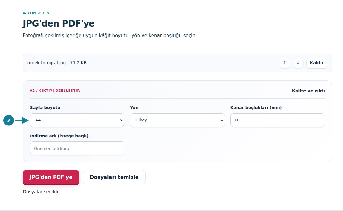 JPG'den PDF'ye, adım 2: Fotoğrafı çekilmiş içeriğe uygun kâğıt boyutu, yön ve kenar boşluğu seçin.