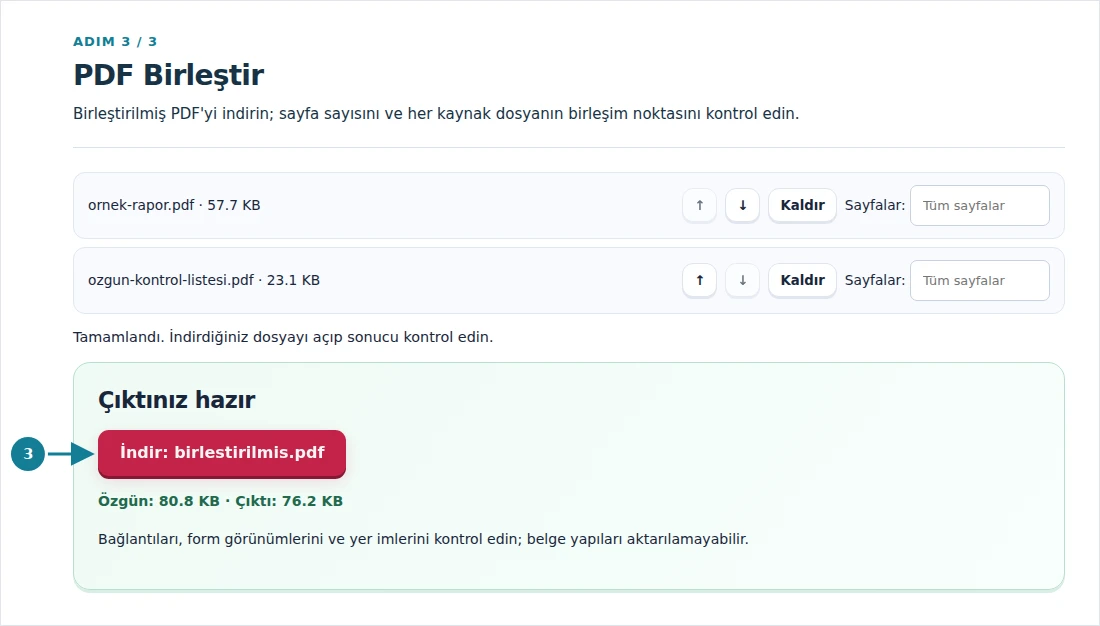 PDF Birleştir, adım 3: Birleştirilmiş PDF'yi indirin; sayfa sayısını ve her kaynak dosyanın birleşim noktasını kontrol edin.
