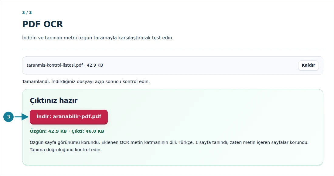 PDF OCR, adım 3: İndirin ve tanınan metni özgün taramayla karşılaştırarak test edin.