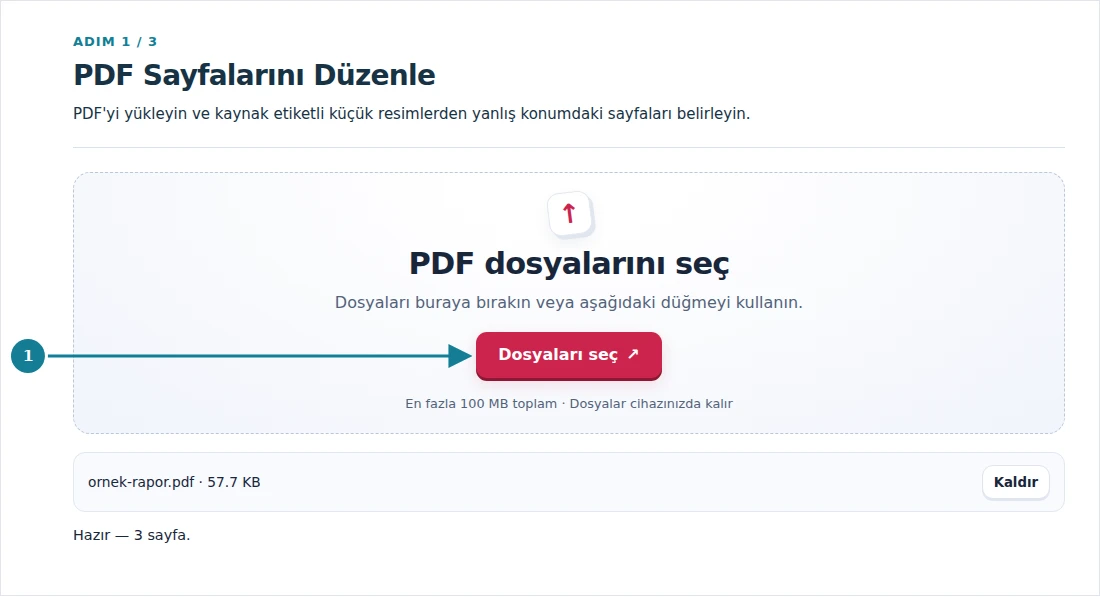PDF Sayfalarını Düzenle, adım 1: PDF'yi yükleyin ve kaynak etiketli küçük resimlerden yanlış konumdaki sayfaları belirleyin.