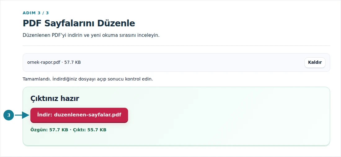 PDF Sayfalarını Düzenle, adım 3: Düzenlenen PDF'yi indirin ve yeni okuma sırasını inceleyin.