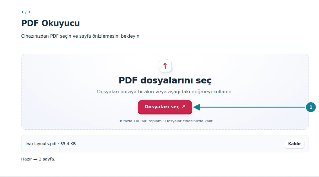 PDF Okuyucu, adım 1: Cihazınızdan PDF seçin ve sayfa önizlemesini bekleyin.