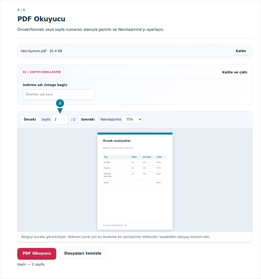 PDF Okuyucu, adım 2: Önceki/Sonraki veya sayfa numarası alanıyla gezinin ve Yakınlaştırma'yı ayarlayın.