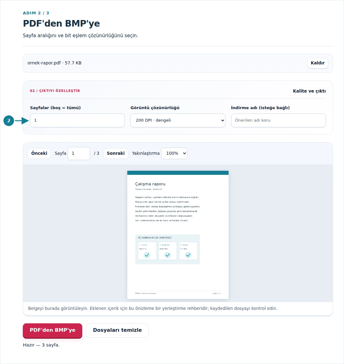 PDF'den BMP'ye, adım 2: Sayfa aralığını ve bit eşlem çözünürlüğünü seçin.