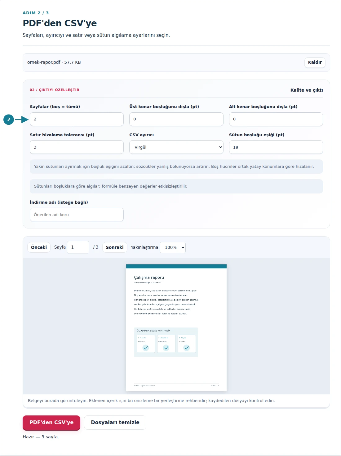 PDF'den CSV'ye, adım 2: Sayfaları, ayırıcıyı ve satır veya sütun algılama ayarlarını seçin.