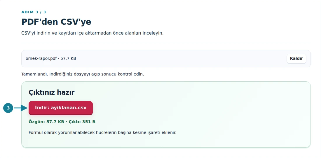 PDF'den CSV'ye, adım 3: CSV'yi indirin ve kayıtları içe aktarmadan önce alanları inceleyin.