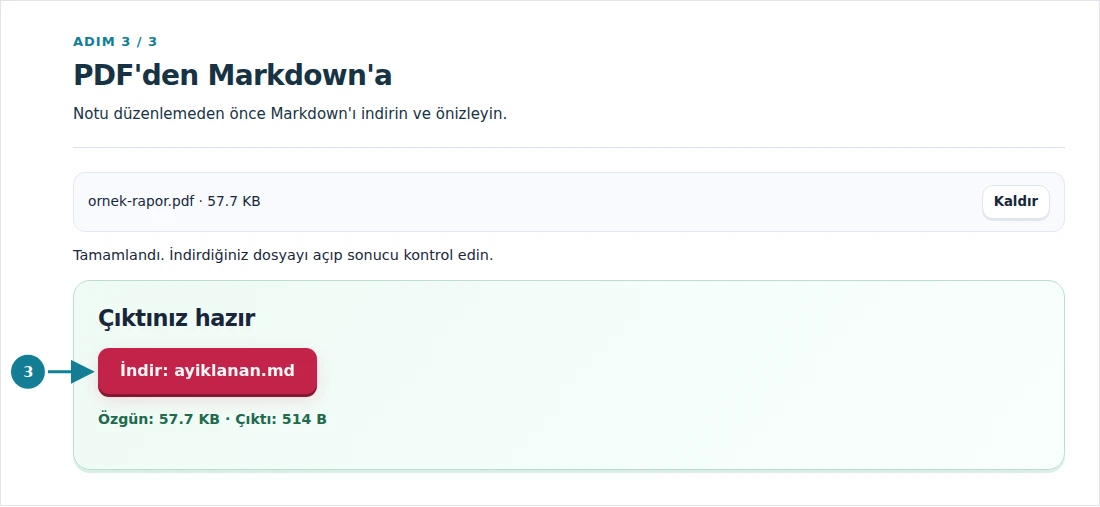 PDF'den Markdown'a, adım 3: Notu düzenlemeden önce Markdown'ı indirin ve önizleyin.