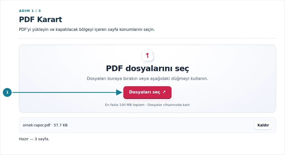 PDF Karart, adım 1: PDF'yi yükleyin ve kapatılacak bölgeyi içeren sayfa konumlarını seçin.