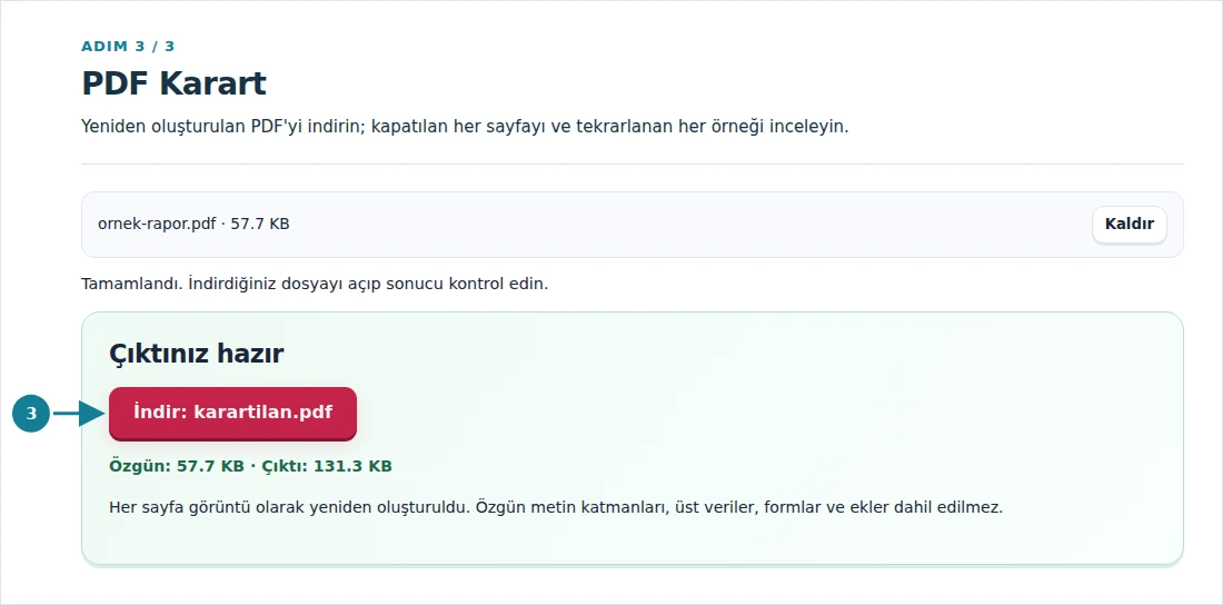 PDF Karart, adım 3: Yeniden oluşturulan PDF'yi indirin; kapatılan her sayfayı ve tekrarlanan her örneği inceleyin.