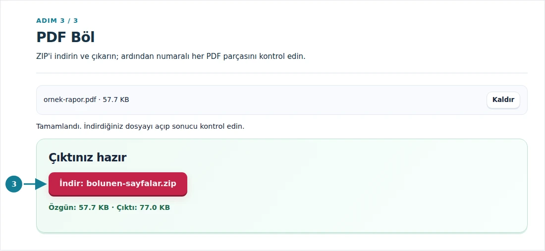 PDF Böl, adım 3: ZIP'i indirin ve çıkarın; ardından numaralı her PDF parçasını kontrol edin.