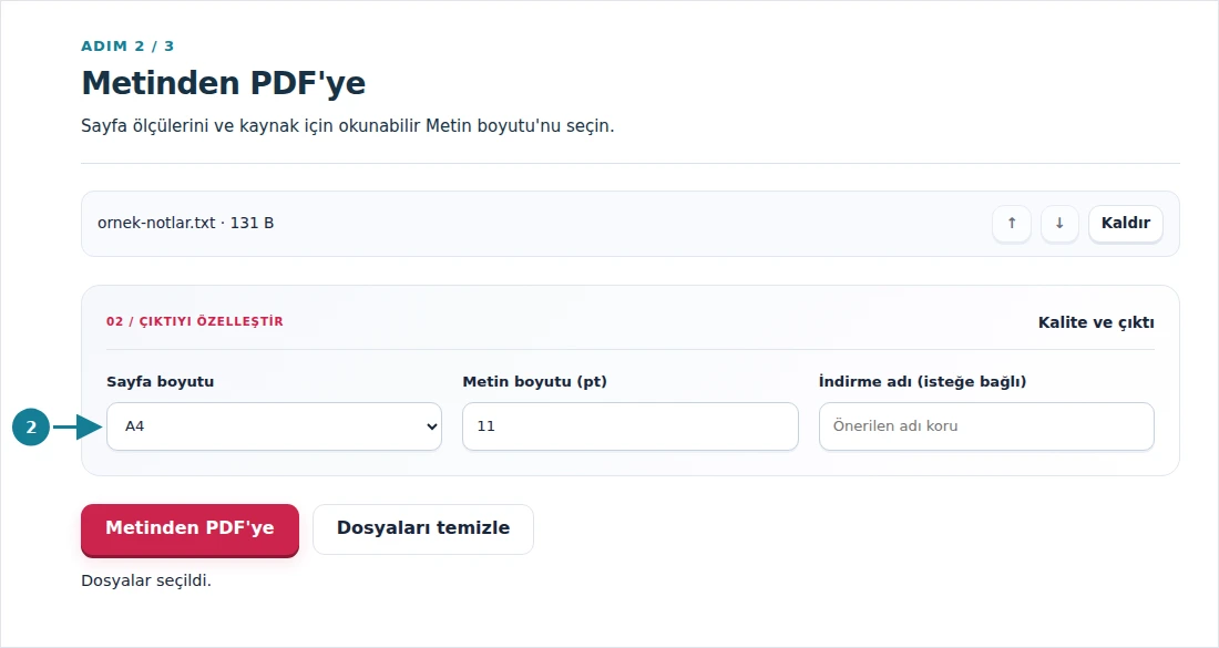 Metinden PDF'ye, adım 2: Sayfa ölçülerini ve kaynak için okunabilir Metin boyutu'nu seçin.