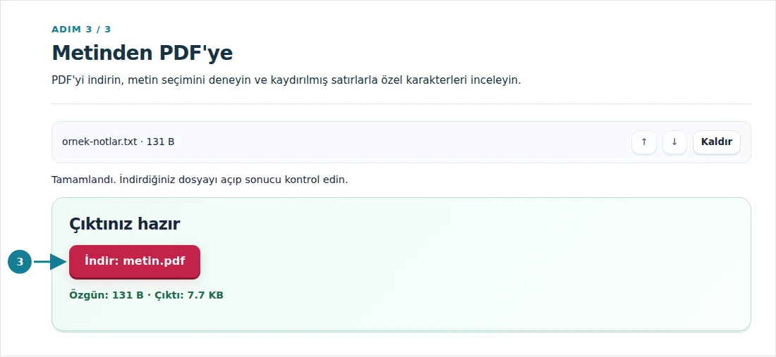 Metinden PDF'ye, adım 3: PDF'yi indirin, metin seçimini deneyin ve kaydırılmış satırlarla özel karakterleri inceleyin.