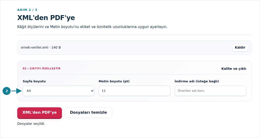 XML'den PDF'ye, adım 2: Kâğıt ölçülerini ve Metin boyutu'nu etiket ve öznitelik uzunluklarına uygun ayarlayın.