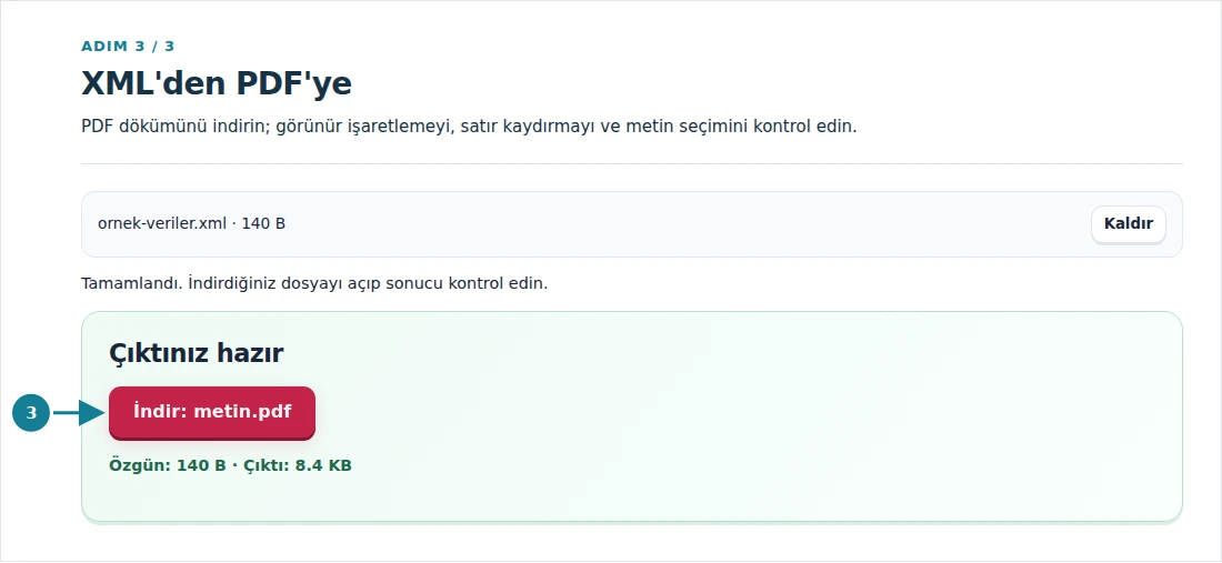 XML'den PDF'ye, adım 3: PDF dökümünü indirin; görünür işaretlemeyi, satır kaydırmayı ve metin seçimini kontrol edin.