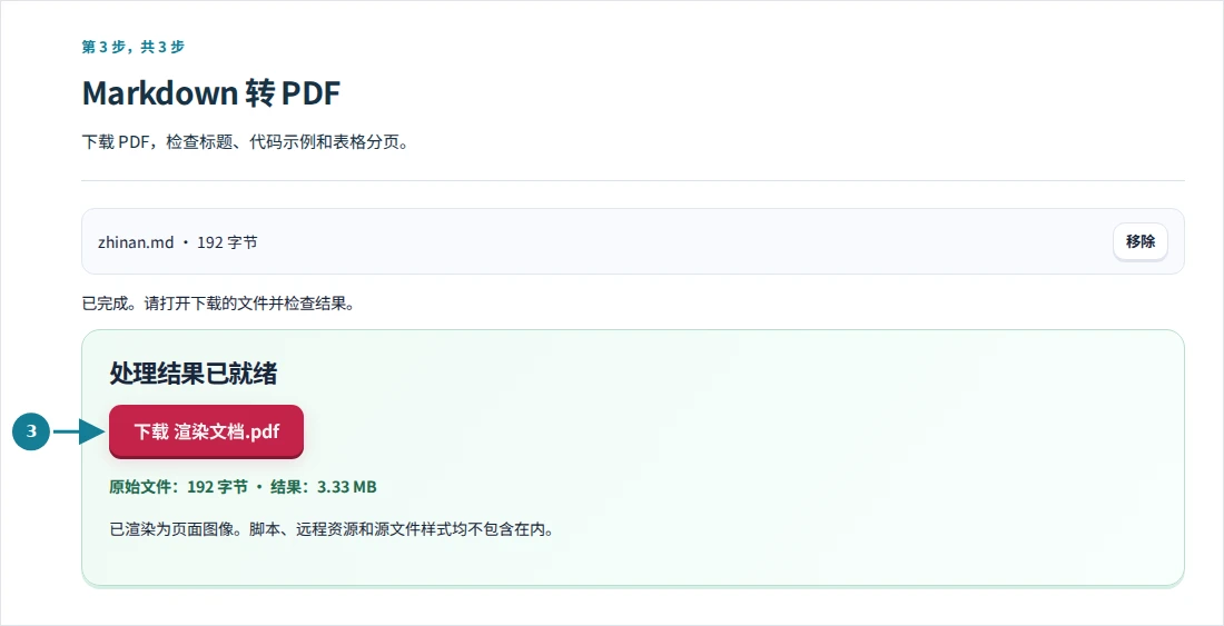 Markdown 转 PDF,第 3 步:下载 PDF,检查标题、代码示例和表格分页。