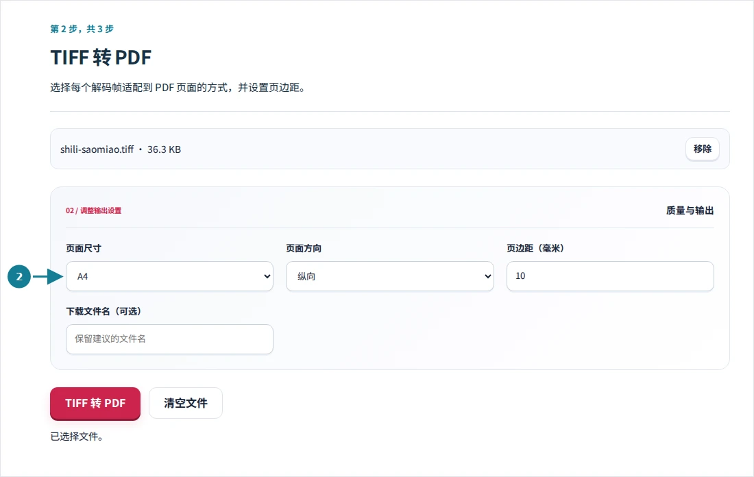 TIFF 转 PDF,第 2 步:选择每个解码帧适配到 PDF 页面的方式,并设置页边距。