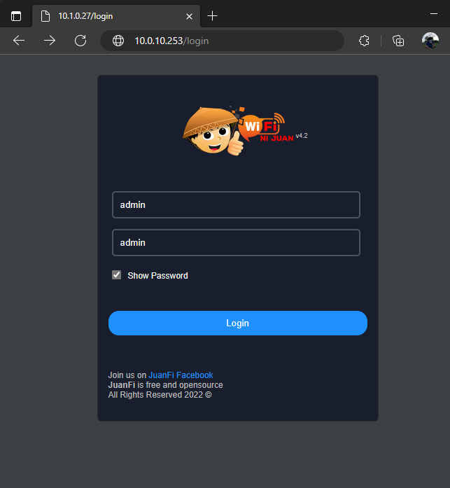 JuanFi owner login example from the official repository.