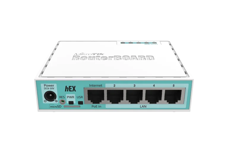 MikroTik hEX router showing five Ethernet ports and the Internet and LAN labels