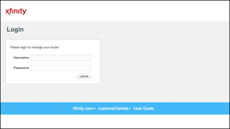 Xfinity Admin Tool login screen with Username, Password and Login fields.