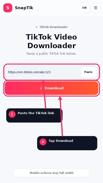 SnapTik mobile downloader with the URL field and Download button highlighted