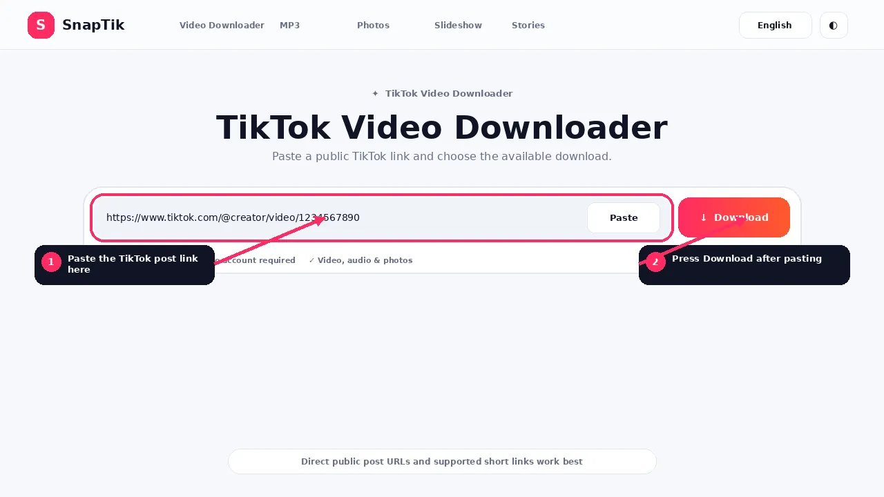 SnapTik downloader showing where to paste a TikTok link and press Download