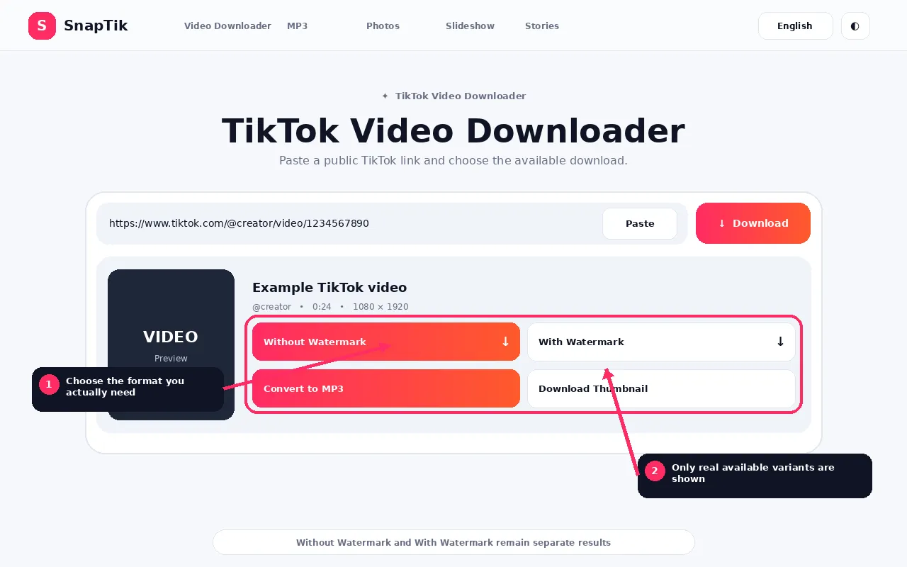 SnapTik result card showing without watermark, with watermark and MP3 download choices